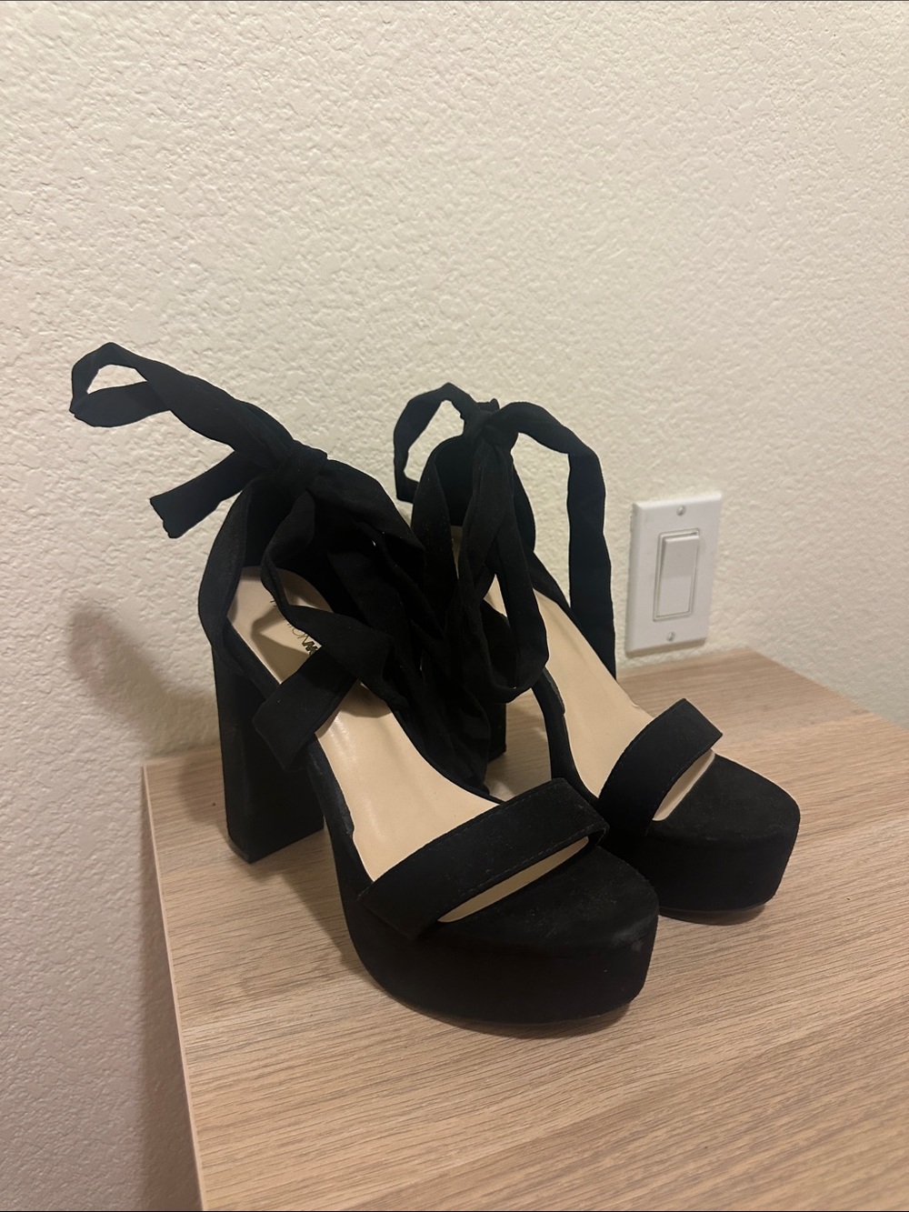 Fashion Nova Black Platform Block Heel Sandals with Wrap Tie